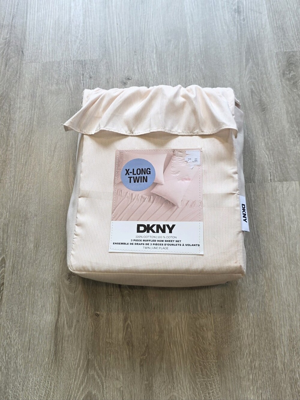 DKNY 3 Piece Ruffled Hem Pink Blush Striped Sheet Set X-Long Twin Cotton Cottage